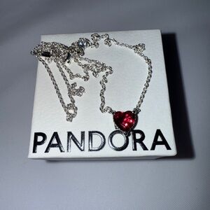 Pandora Silver Necklace with Ruby Red Heart Charm